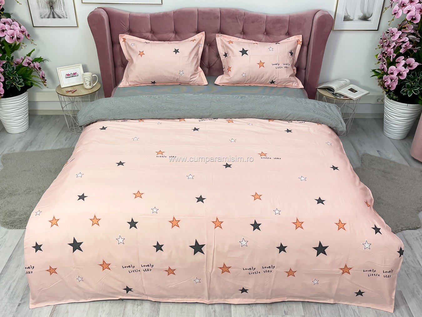 (OFERTA 3 la 199 Lei) Lenjerie pat dublu cu doua feţe, bumbac satinat, 4 piese,  Roz, stelute - 1 | YEO