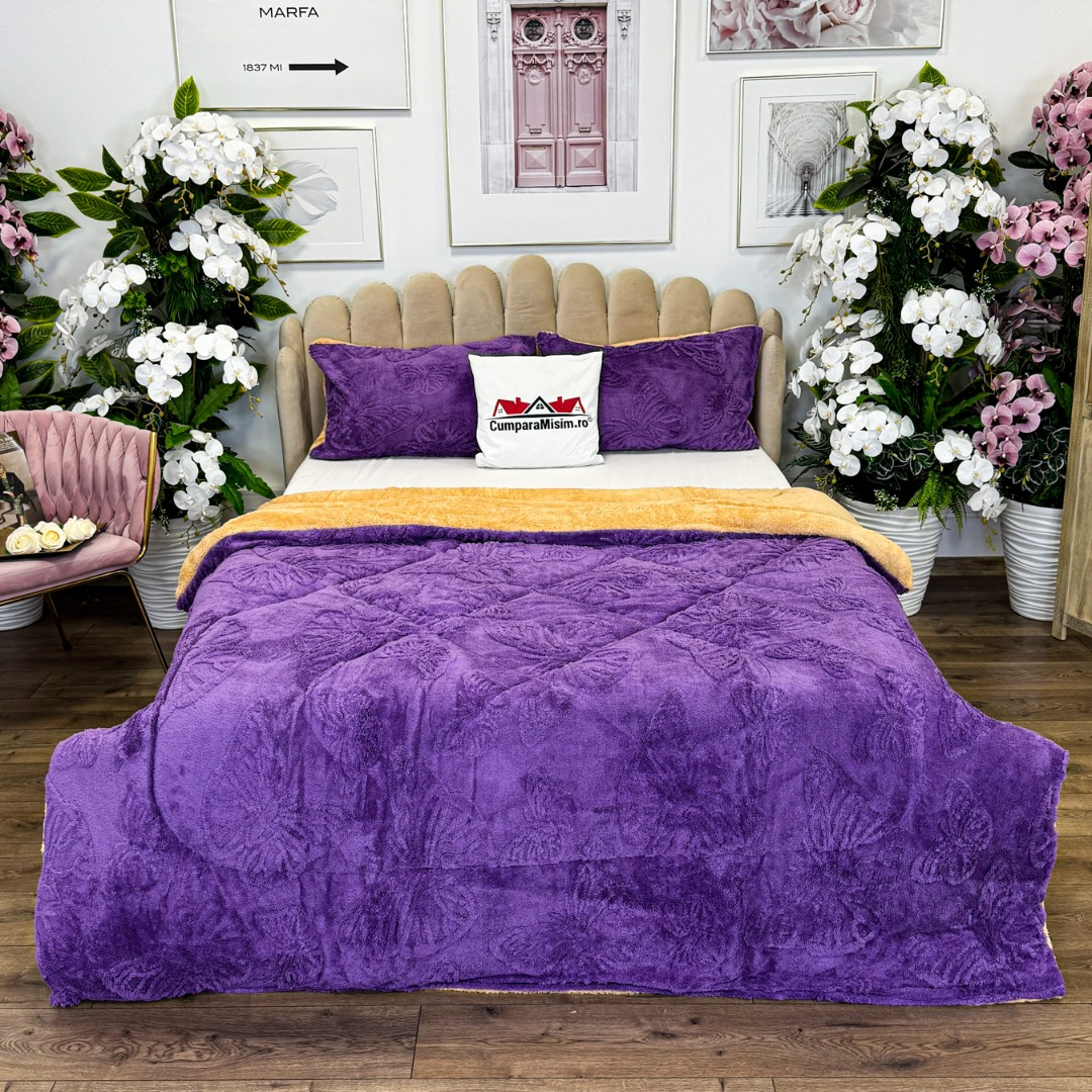 Pilota Groasa Cocolino Gofrat 3D cu Fluturi in Relief si Dos din Blanita Sherpa, Umplutura Vatelina Siliconica, 200x230 cm + 2 Fete de Perna 50x70 cm - Caldura si Rafinament pentru Un Somn Odihnitor, Mov - 1 | YEO