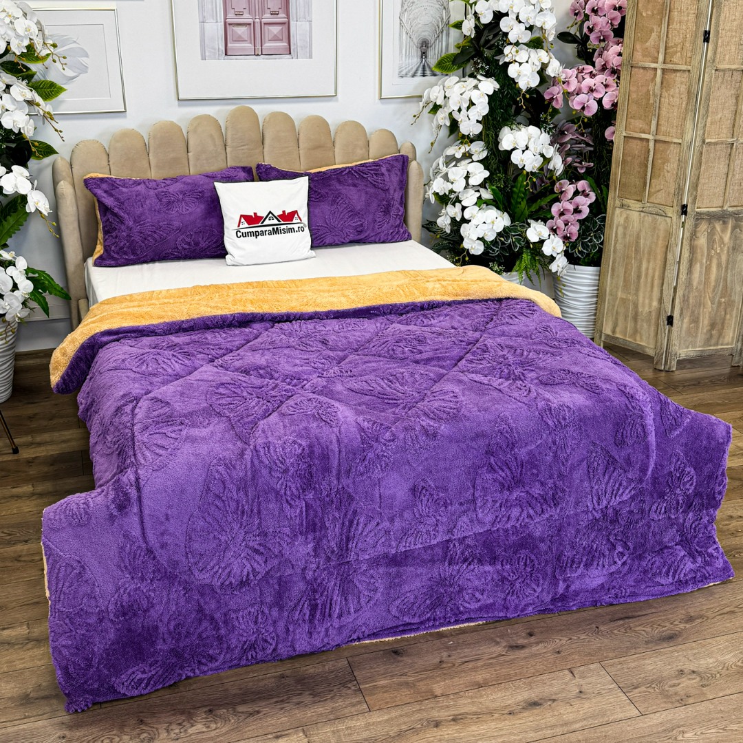 Pilota Groasa Cocolino Gofrat 3D cu Fluturi in Relief si Dos din Blanita Sherpa, Umplutura Vatelina Siliconica, 200x230 cm + 2 Fete de Perna 50x70 cm - Caldura si Rafinament pentru Un Somn Odihnitor, Mov - 2 | YEO