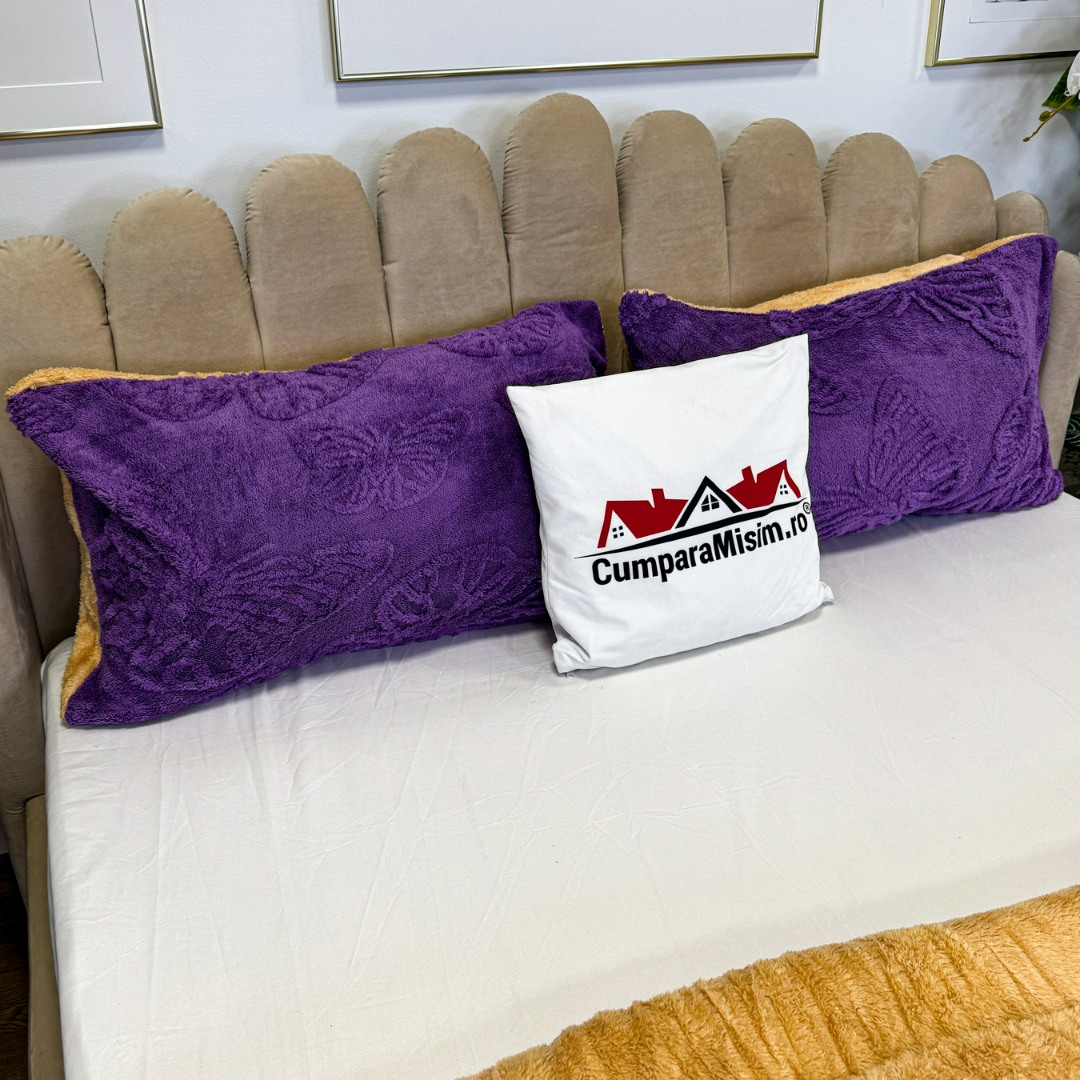 Pilota Groasa Cocolino Gofrat 3D cu Fluturi in Relief si Dos din Blanita Sherpa, Umplutura Vatelina Siliconica, 200x230 cm + 2 Fete de Perna 50x70 cm - Caldura si Rafinament pentru Un Somn Odihnitor, Mov - 3 | YEO