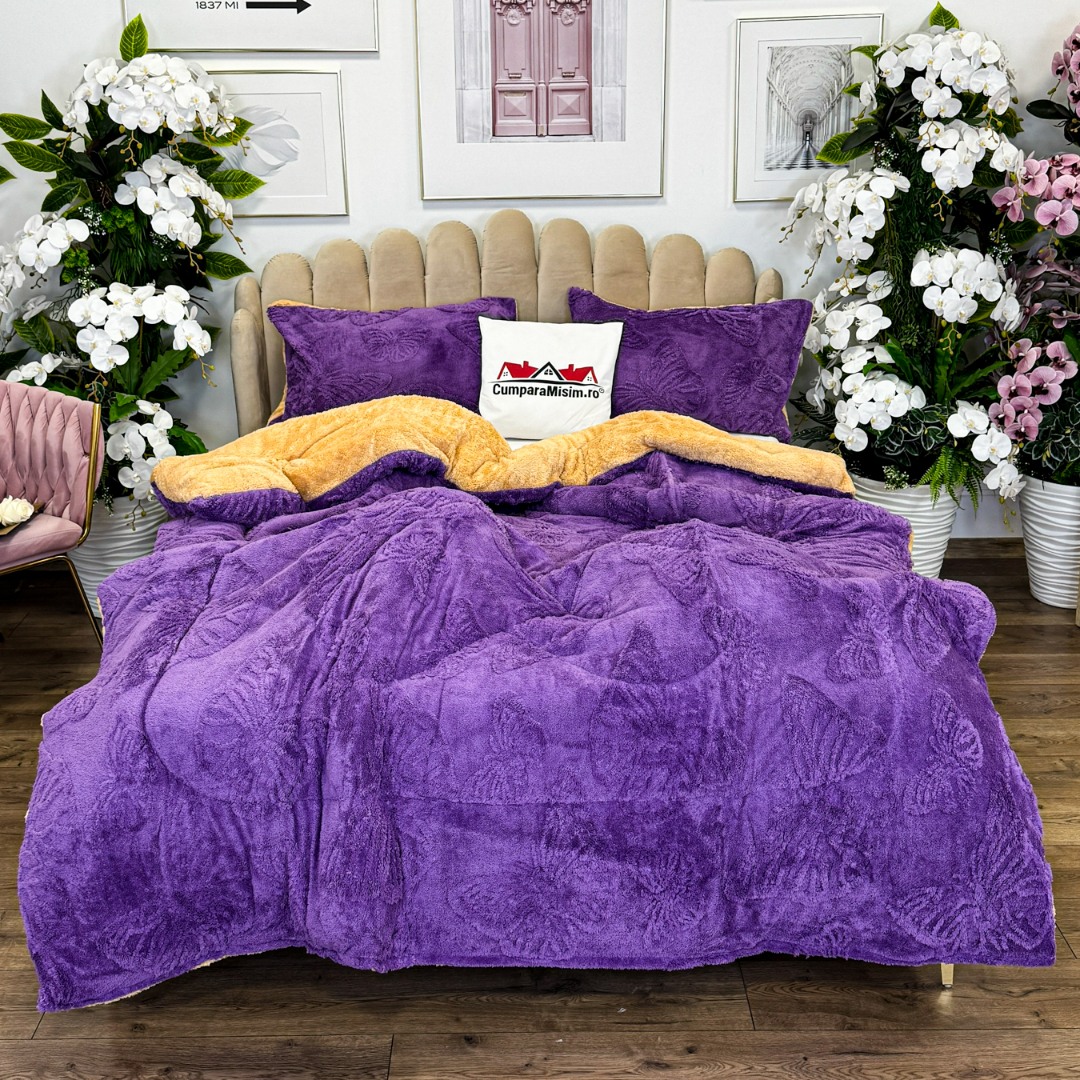 Pilota Groasa Cocolino Gofrat 3D cu Fluturi in Relief si Dos din Blanita Sherpa, Umplutura Vatelina Siliconica, 200x230 cm + 2 Fete de Perna 50x70 cm - Caldura si Rafinament pentru Un Somn Odihnitor, Mov - 4 | YEO