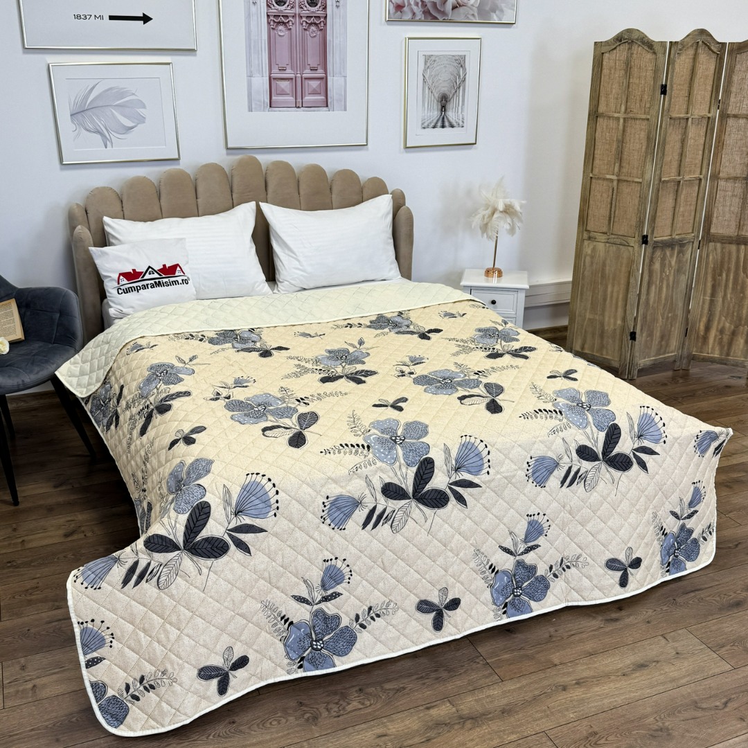 Cuvertura matlasata cu doua fete pentru pat dublu , 210x210, Crem, flori - 4 | YEO