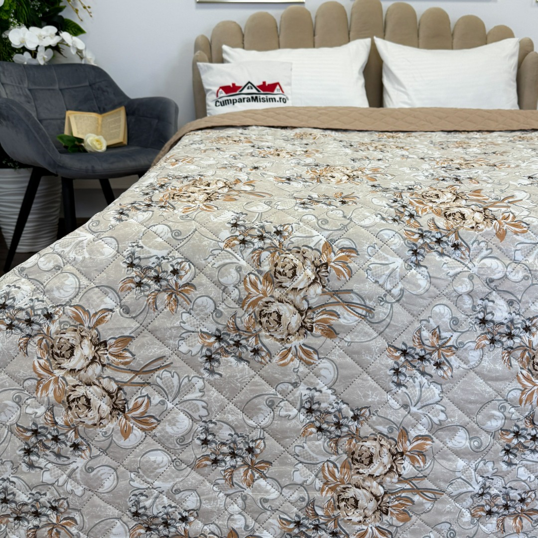Cuvertura matlasata cu doua fete pentru pat dublu , 210x210, Grej, flori - 1 | YEO