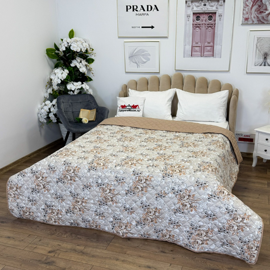 Cuvertura matlasata cu doua fete pentru pat dublu , 210x210, Grej, flori - 2 | YEO