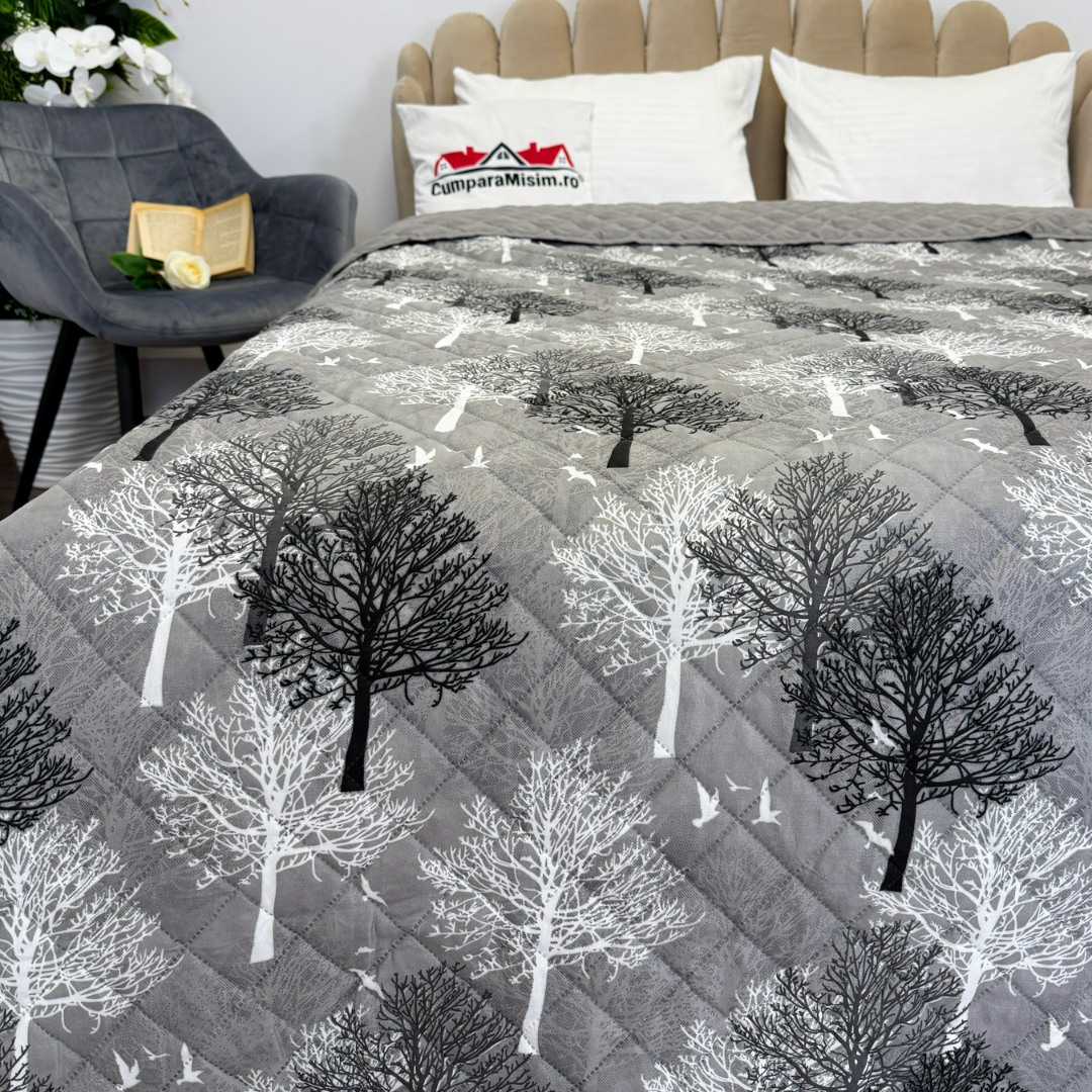 Cuvertura matlasata cu doua fete pentru pat dublu , 210x210, Gri, copaci - 1 | YEO
