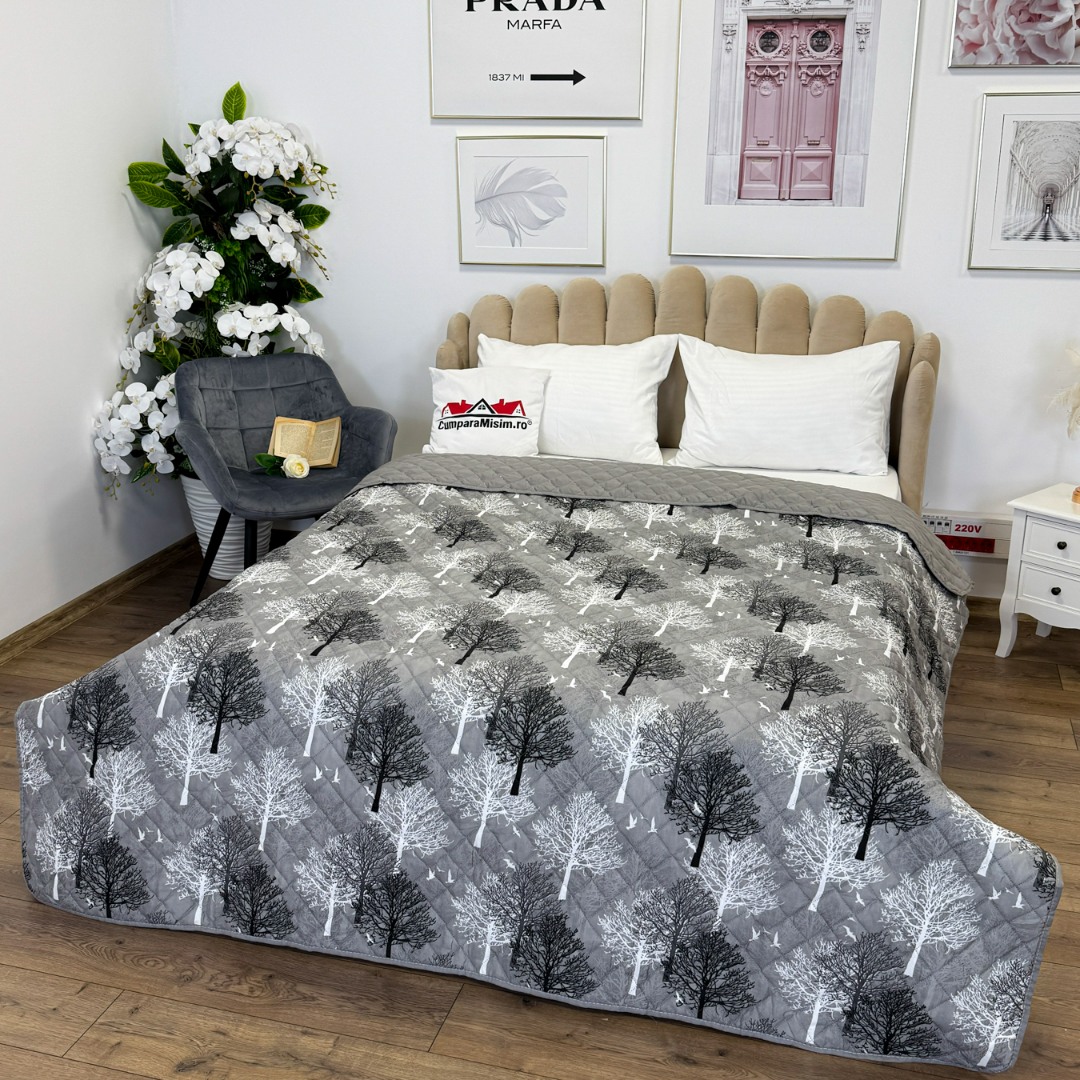 Cuvertura matlasata cu doua fete pentru pat dublu , 210x210, Gri, copaci - 2 | YEO