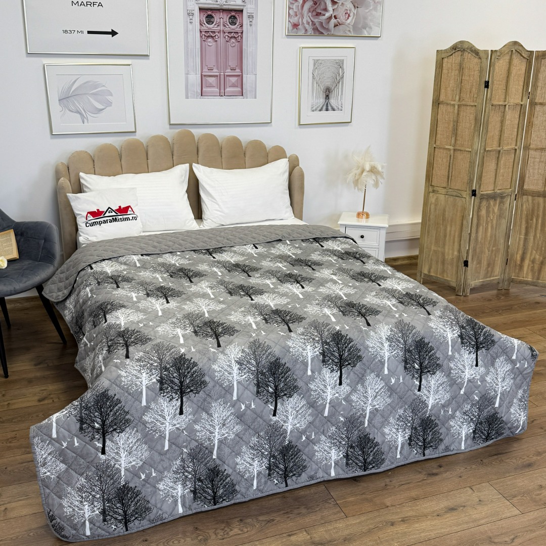 Cuvertura matlasata cu doua fete pentru pat dublu , 210x210, Gri, copaci - 4 | YEO