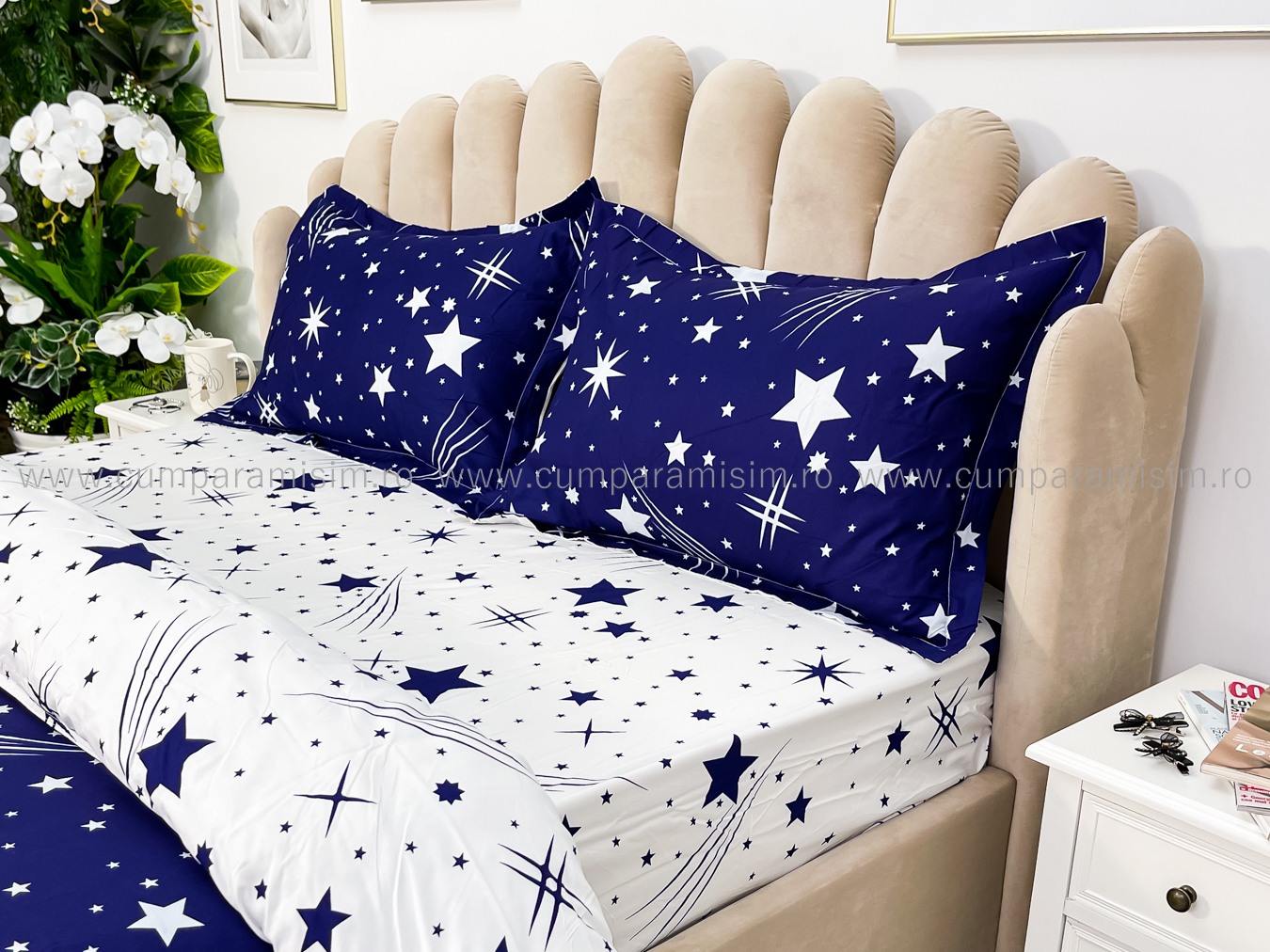 Poze (OFERTA 3 la 219 Lei) Lenjerie pat dublu cu Elastic (160x200cm si 180x200cm), bumbac satinat, Albastru, stelute cumparamisim.ro