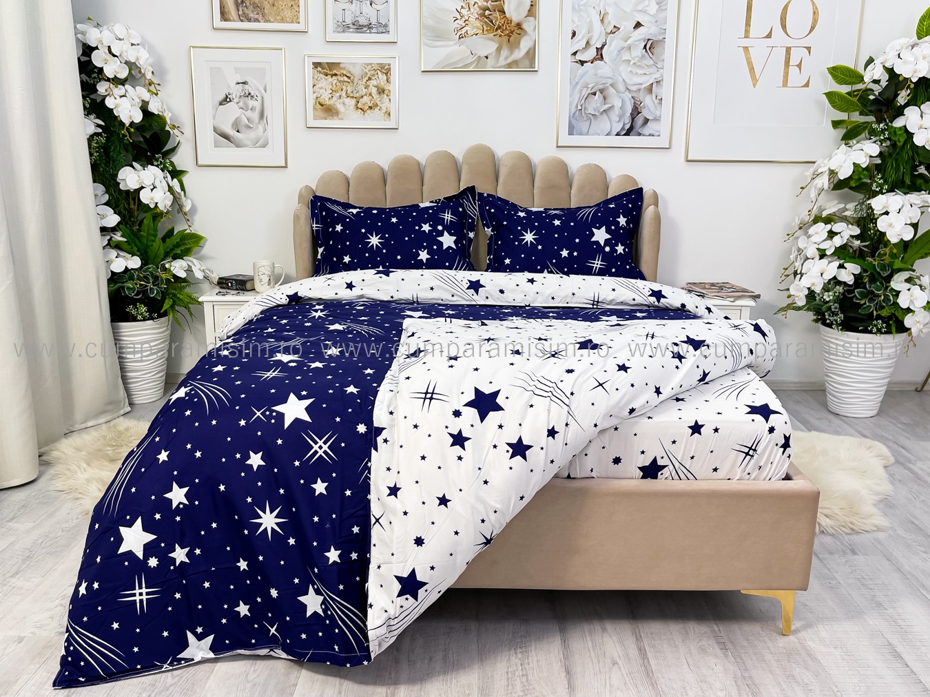 Poze (OFERTA 3 la 219 Lei) Lenjerie pat dublu cu Elastic (160x200cm si 180x200cm), bumbac satinat, Albastru, stelute cumparamisim.ro