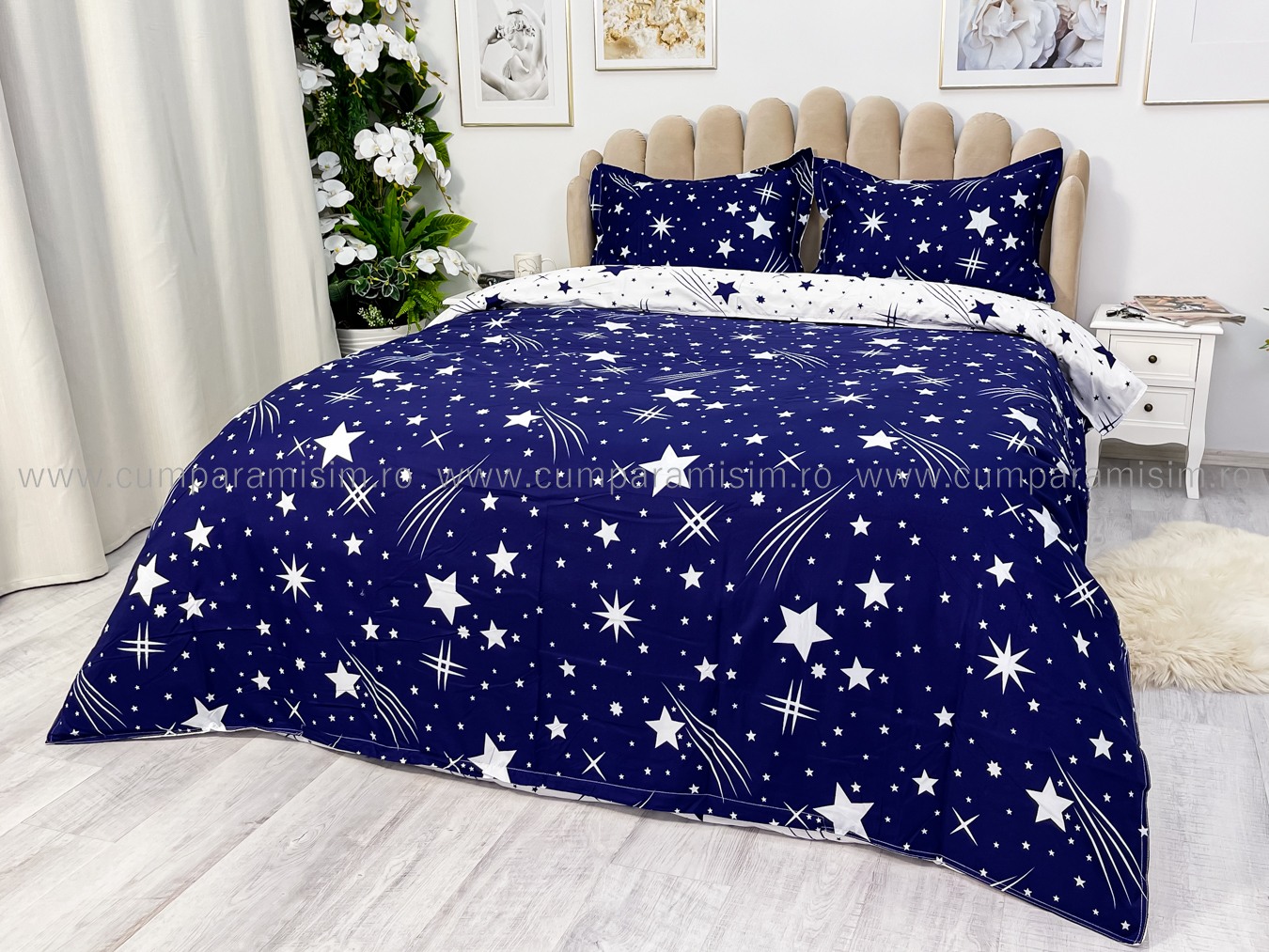 Poze (OFERTA 3 la 219 Lei) Lenjerie pat dublu cu Elastic (160x200cm si 180x200cm), bumbac satinat, Albastru, stelute cumparamisim.ro