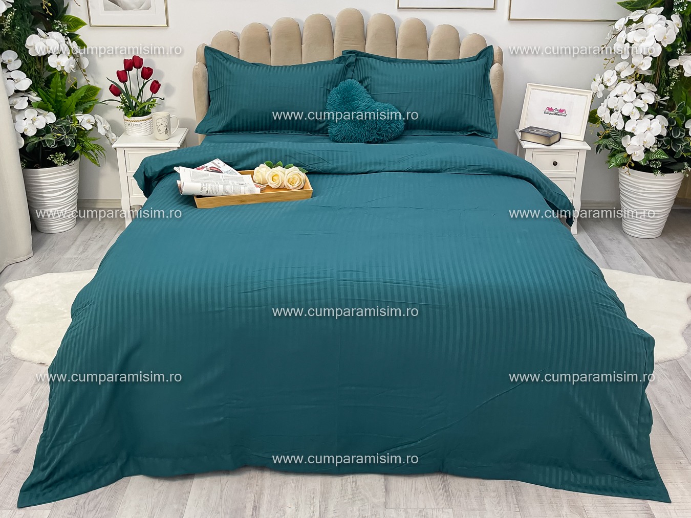 Lenjerie HoReCa, pat dublu, Damasc Finetat Deluxe cu Elastic, 4 piese, Turquoise - 1 | YEO