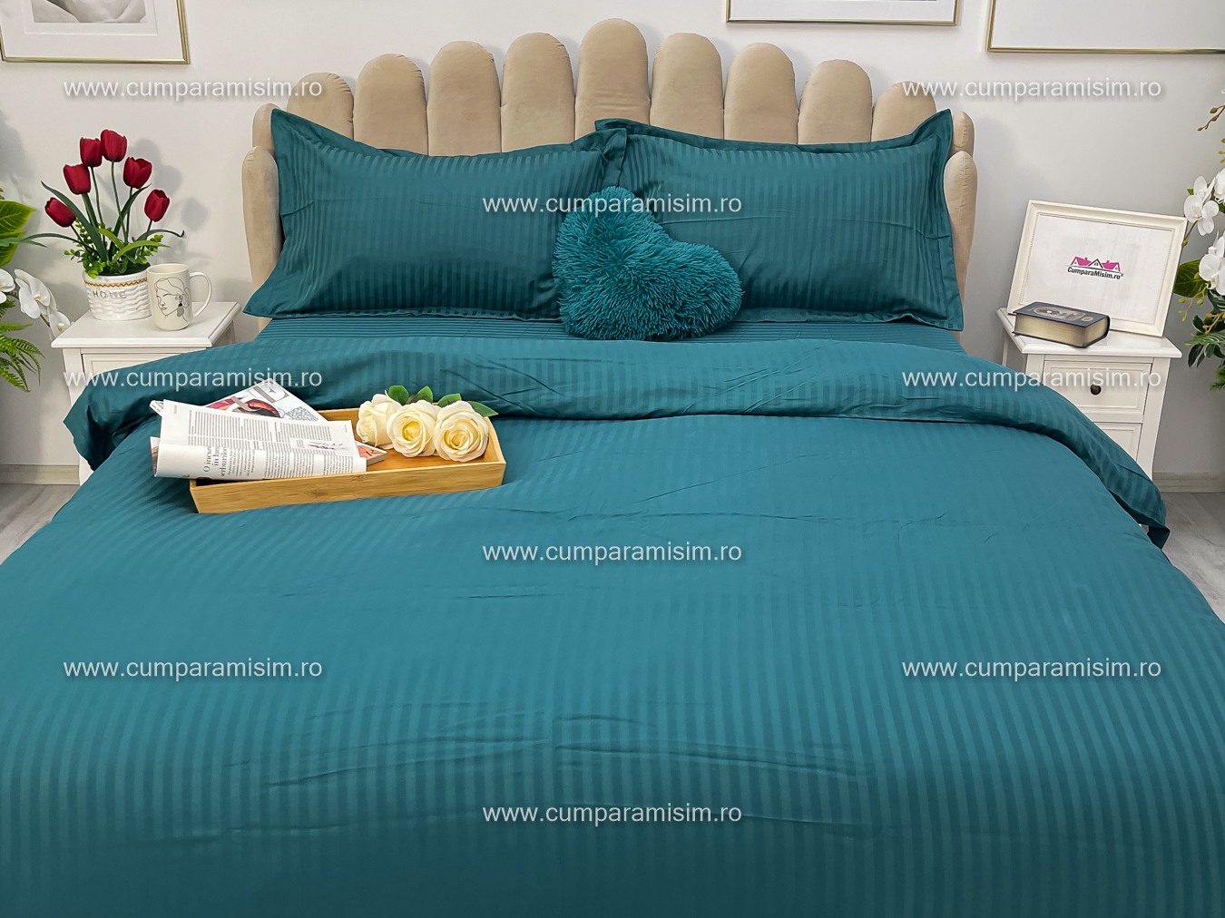 Lenjerie HoReCa, pat dublu, Damasc Finetat Deluxe cu Elastic, 4 piese, Turquoise - 2 | YEO