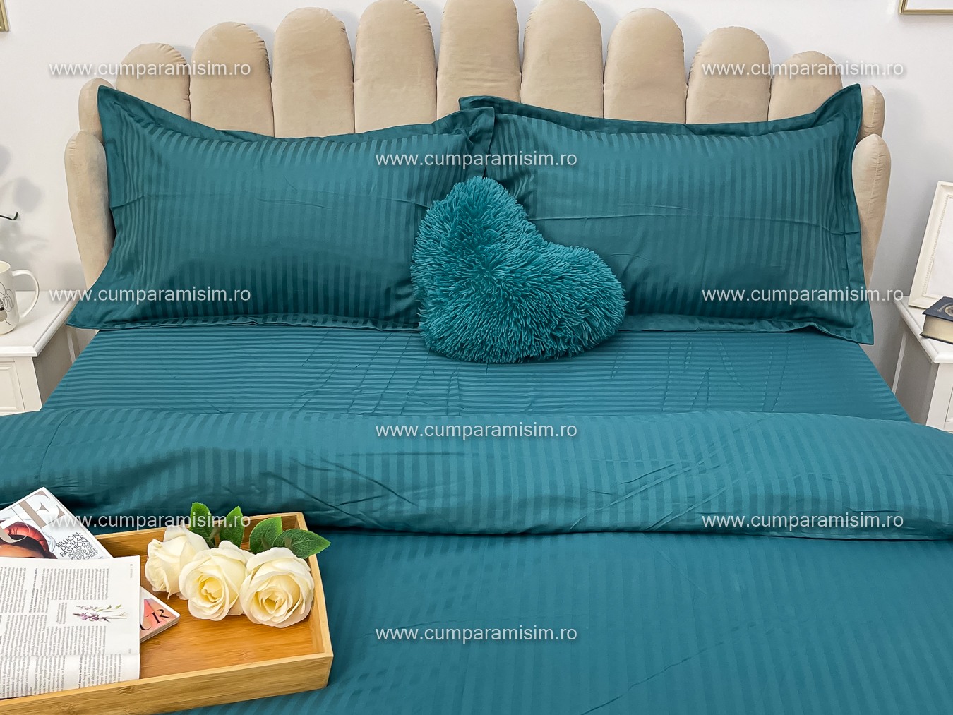 Lenjerie HoReCa, pat dublu, Damasc Finetat Deluxe cu Elastic, 4 piese, Turquoise - 3 | YEO