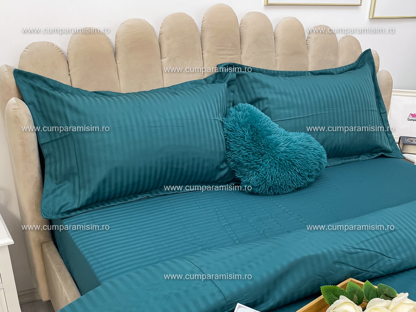 Lenjerie HoReCa, pat dublu, Damasc Finetat Deluxe cu Elastic, 4 piese, Turquoise - 4 | YEO