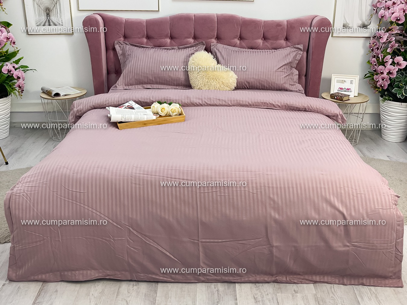 Lenjerie HoReCa, pat dublu, Damasc Finetat Deluxe cu Elastic, 4 piese, Pudra - 1 | YEO