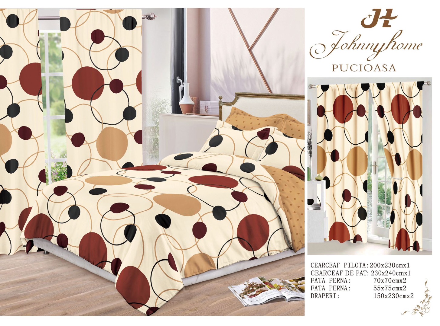 Set Lenjerie pat dublu (140x200cm, 160x200cm, 180x200cm) + 2 draperii, finet, 8 piese, Crem, Maro, cercuri, buline - 2 | YEO