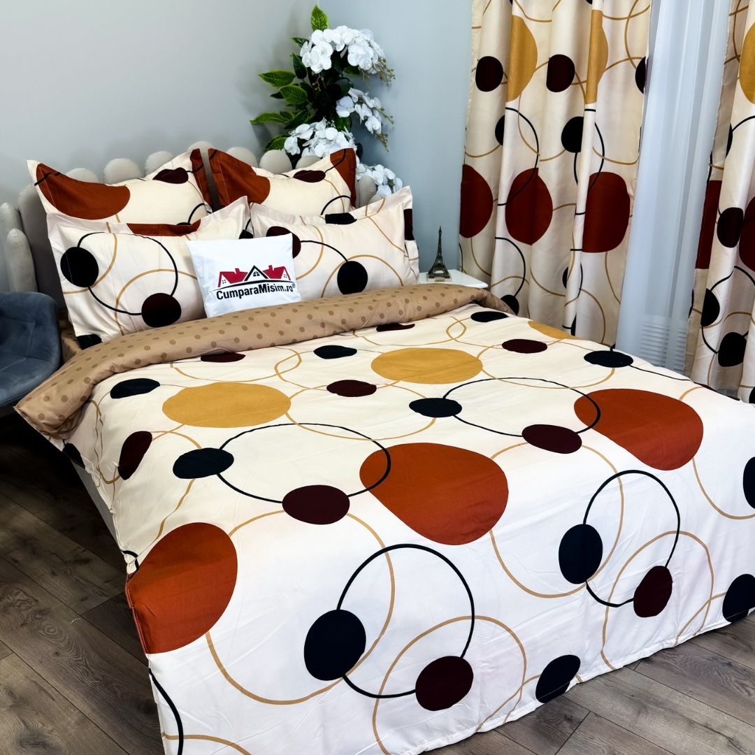 Set Lenjerie pat dublu (140x200cm, 160x200cm, 180x200cm) + 2 draperii, finet, 8 piese, Crem, Maro, cercuri, buline - 3 | YEO