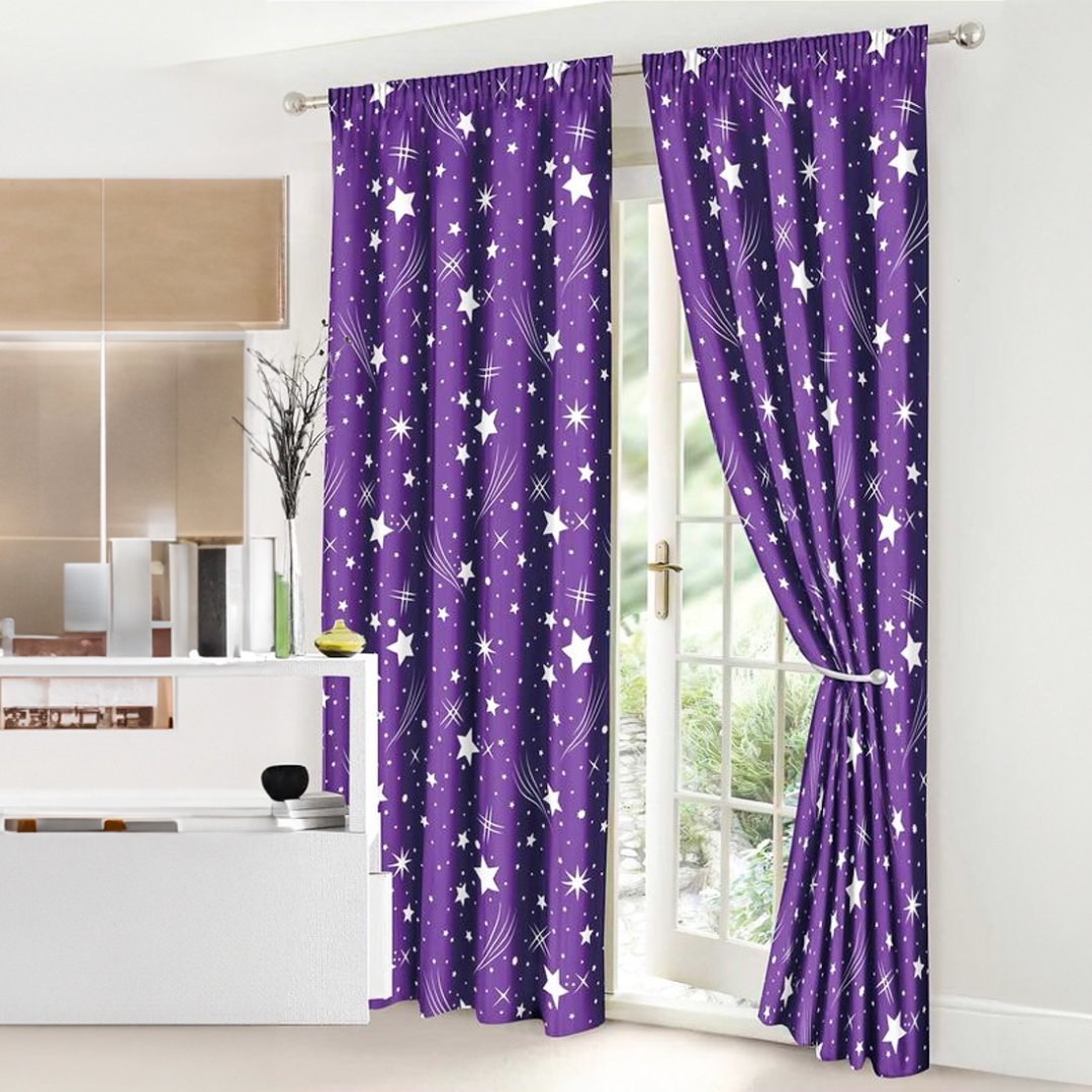 Set Lenjerie pat dublu (140x200cm, 160x200cm, 180x200cm) + 2 draperii, finet, 8 piese, Mov, Alb, ploaie de stele - 1 | YEO