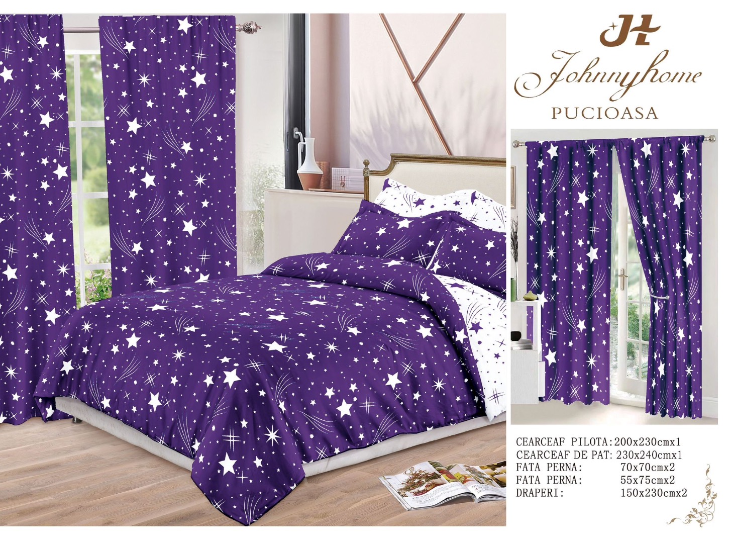 Set Lenjerie pat dublu (140x200cm, 160x200cm, 180x200cm) + 2 draperii, finet, 8 piese, Mov, Alb, ploaie de stele - 4 | YEO