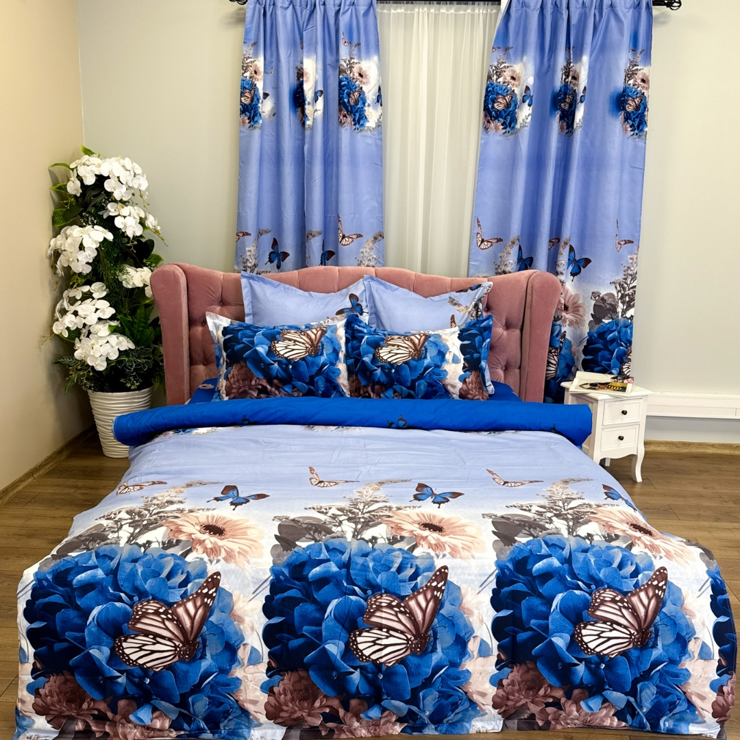Set Lenjerie pat dublu (140x200cm, 160x200cm, 180x200cm) + 2 draperii, finet, 8 piese, Alb,Albastru, flori, fluturi - 2 | YEO