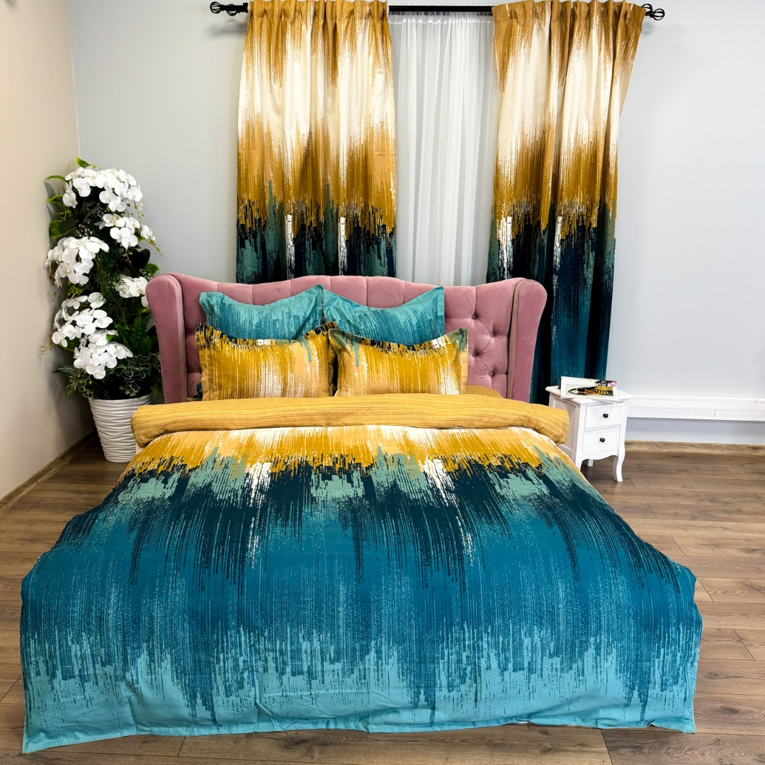 Set Lenjerie pat dublu (140x200cm, 160x200cm, 180x200cm) + 2 draperii, finet, 8 piese, Bej, Verde, Model Clasic - 2 | YEO