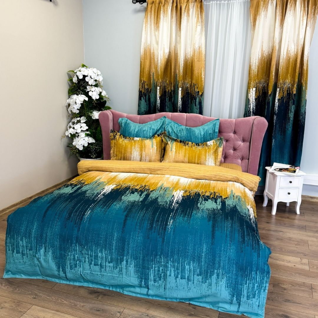 Set Lenjerie pat dublu (140x200cm, 160x200cm, 180x200cm) + 2 draperii, finet, 8 piese, Bej, Verde, Model Clasic - 3 | YEO