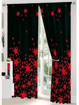 Set Lenjerie pat dublu (140x200cm, 160x200cm, 180x200cm) + 2 draperii, finet, 8 piese, Negru, Rosu, stelute - 1 | YEO