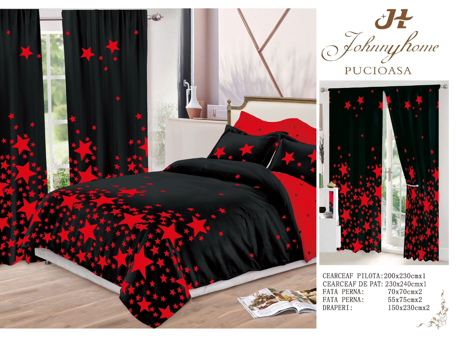 Set Lenjerie pat dublu (140x200cm, 160x200cm, 180x200cm) + 2 draperii, finet, 8 piese, Negru, Rosu, stelute - 2 | YEO