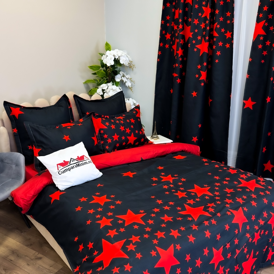Set Lenjerie pat dublu (140x200cm, 160x200cm, 180x200cm) + 2 draperii, finet, 8 piese, Negru, Rosu, stelute - 3 | YEO