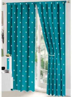 Set Lenjerie pat dublu (140x200cm, 160x200cm, 180x200cm) + 2 draperii, finet, 8 piese, Turquoise, Alb, stelute - 1 | YEO