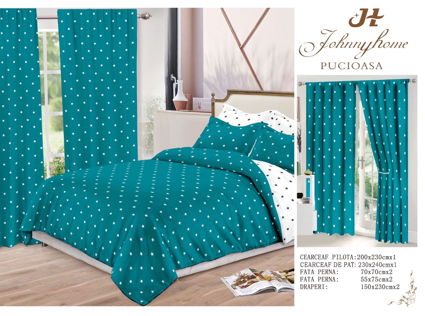 Set Lenjerie pat dublu (140x200cm, 160x200cm, 180x200cm) + 2 draperii, finet, 8 piese, Turquoise, Alb, stelute - 2 | YEO