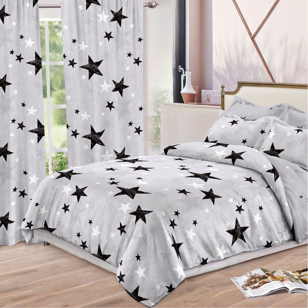 Set Lenjerie pat dublu (140x200cm, 160x200cm, 180x200cm) + 2 draperii, finet, 8 piese, Gri, stelute - 1 | YEO