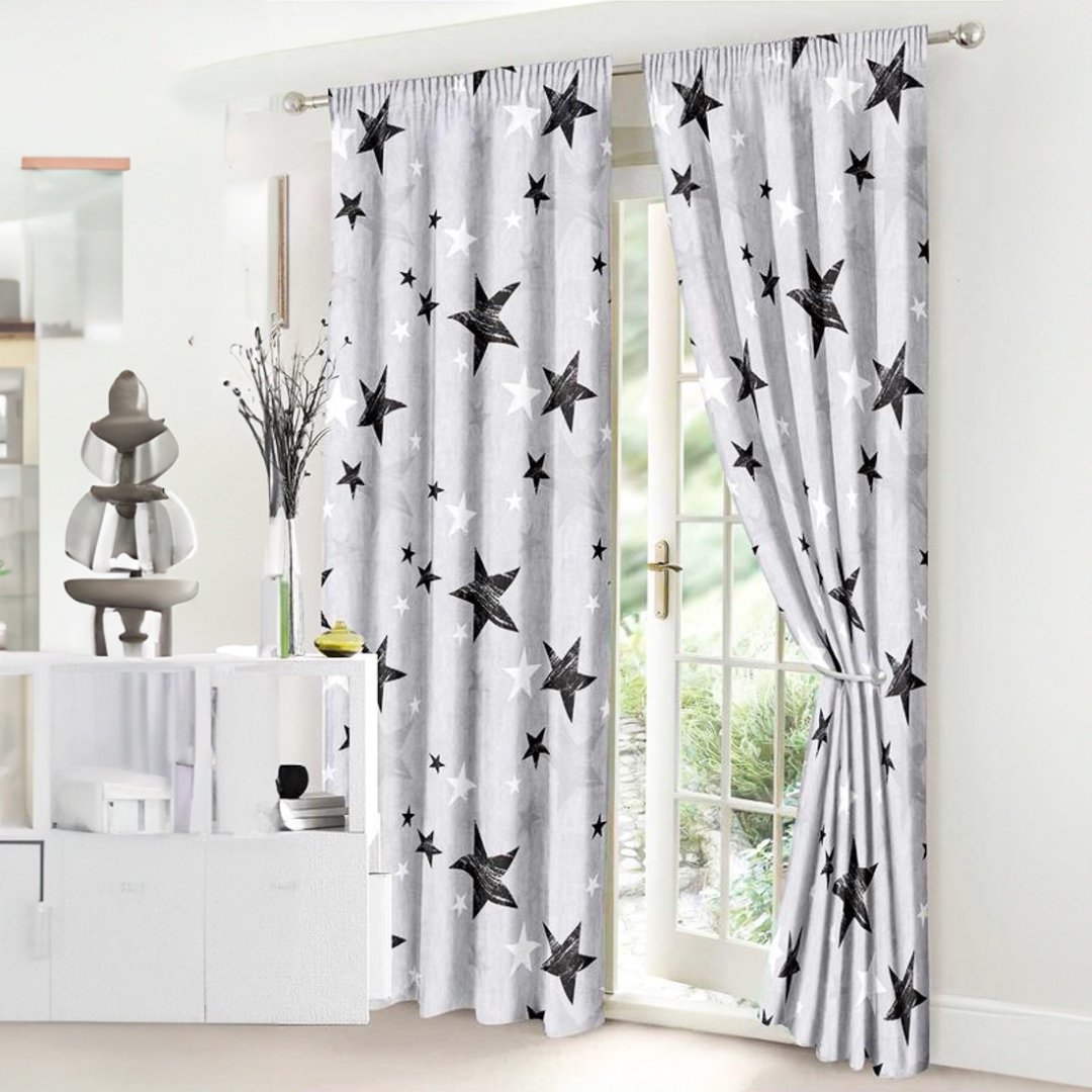 Set Lenjerie pat dublu (140x200cm, 160x200cm, 180x200cm) + 2 draperii, finet, 8 piese, Gri, stelute - 2 | YEO