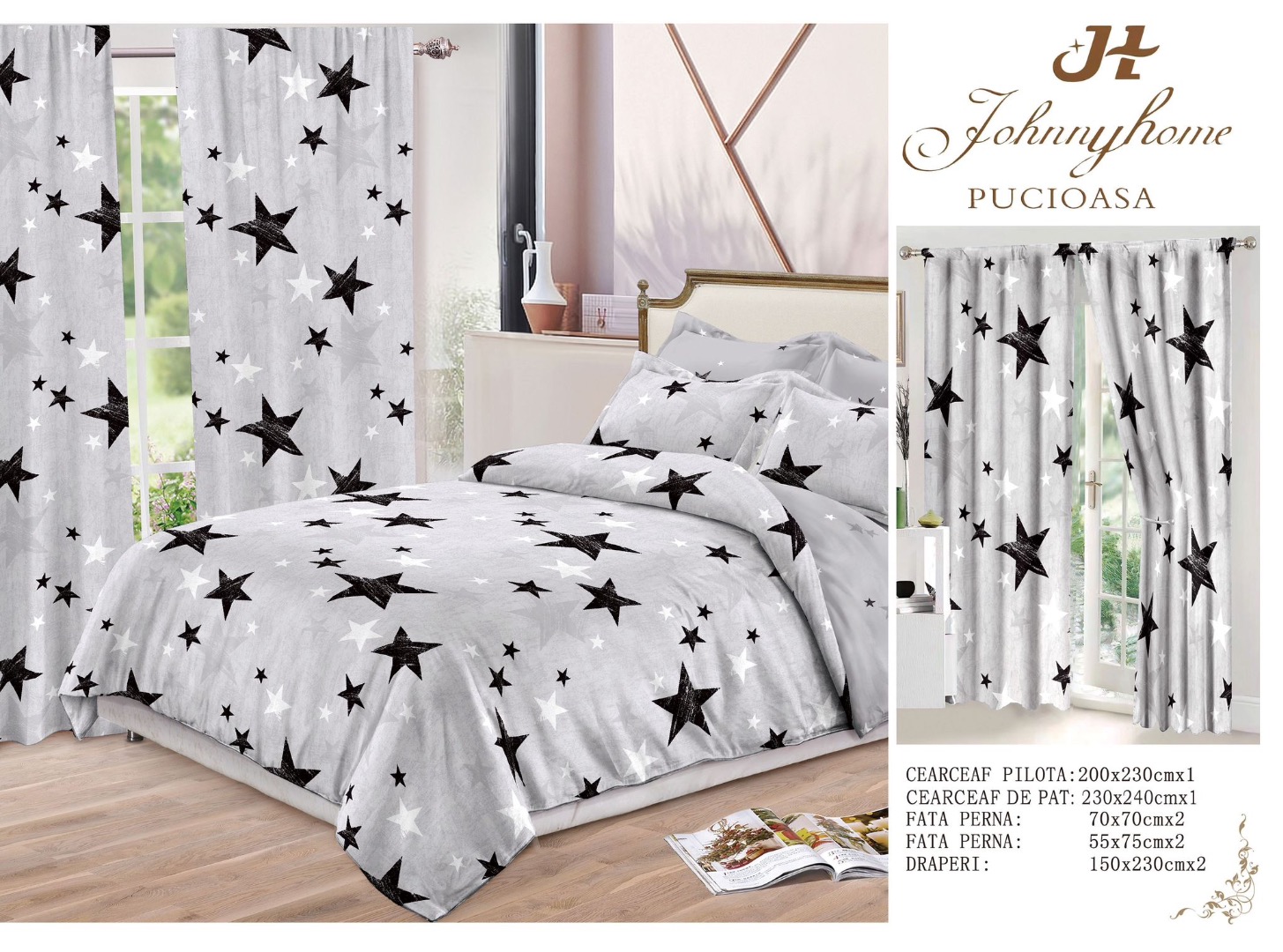 Set Lenjerie pat dublu (140x200cm, 160x200cm, 180x200cm) + 2 draperii, finet, 8 piese, Gri, stelute - 4 | YEO