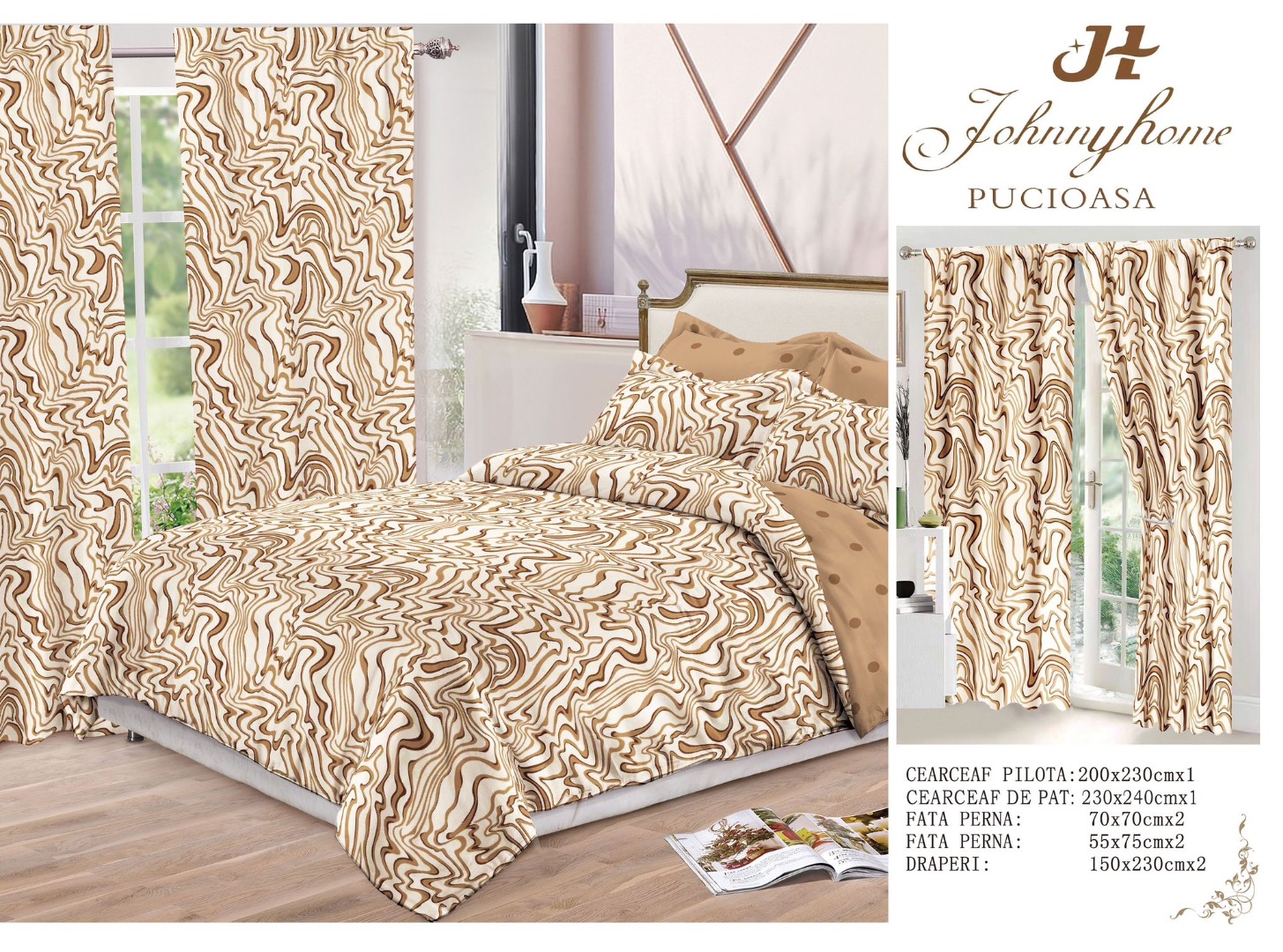Set Lenjerie pat dublu (140x200cm, 160x200cm, 180x200cm) + 2 draperii, finet, 8 piese, Crem, Maro, valuri - 2 | YEO