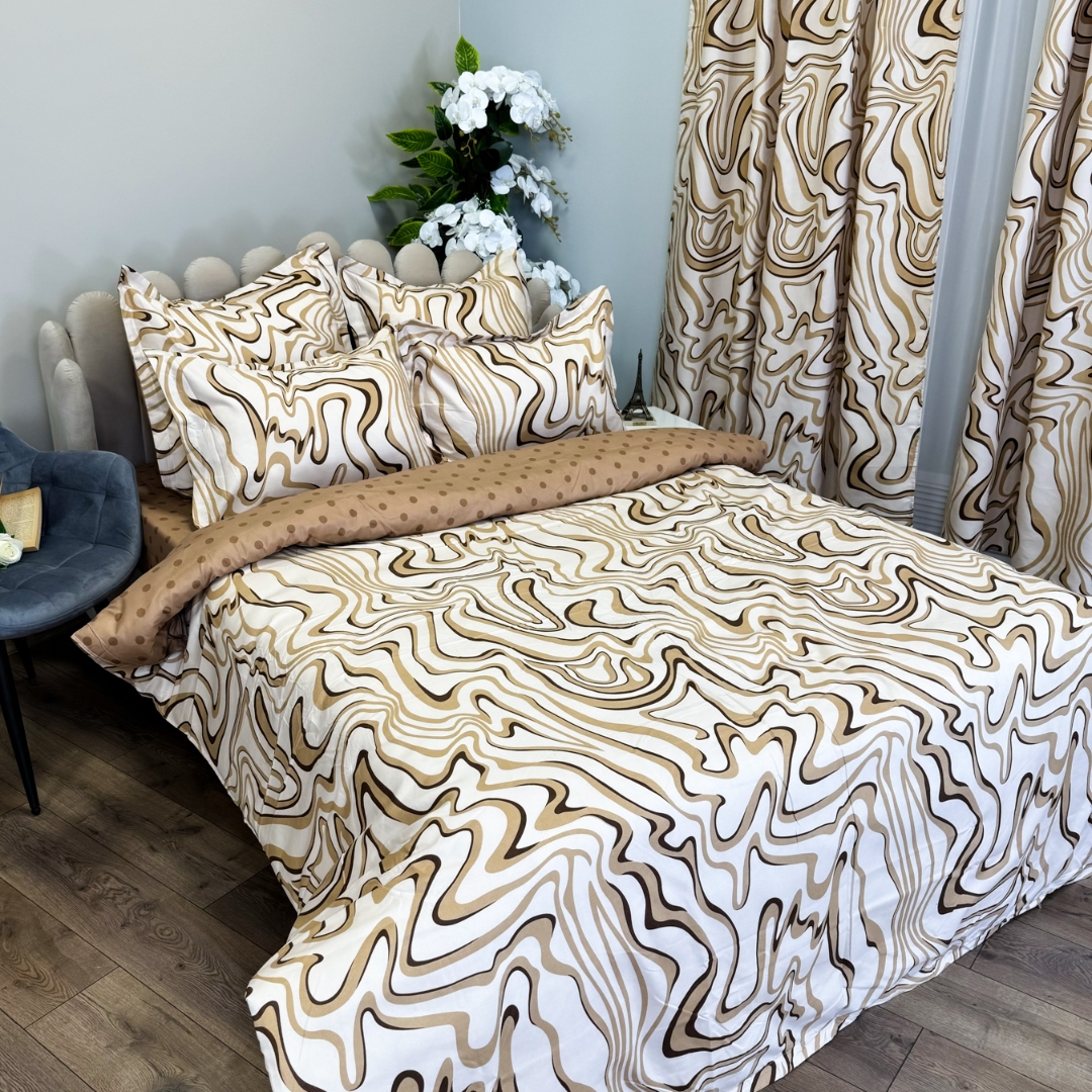 Set Lenjerie pat dublu (140x200cm, 160x200cm, 180x200cm) + 2 draperii, finet, 8 piese, Crem, Maro, valuri - 3 | YEO