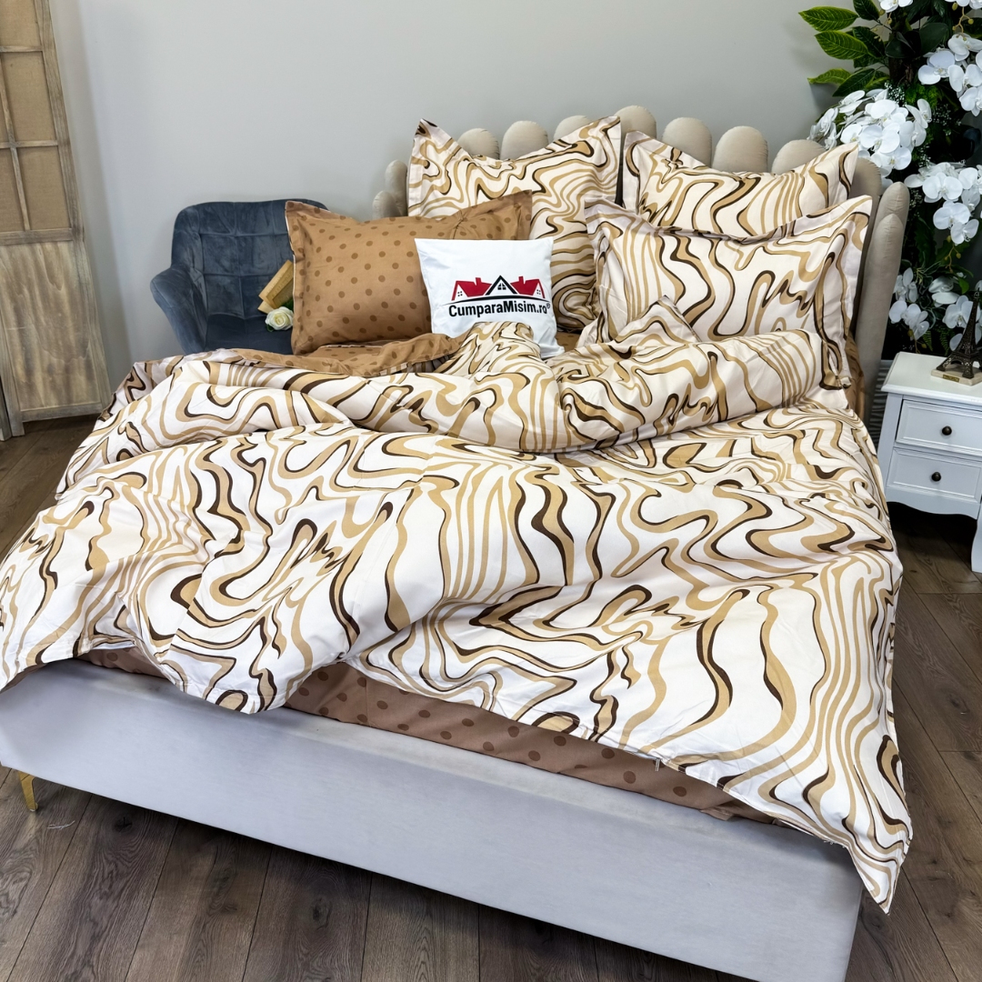 Set Lenjerie pat dublu (140x200cm, 160x200cm, 180x200cm) + 2 draperii, finet, 8 piese, Crem, Maro, valuri - 4 | YEO