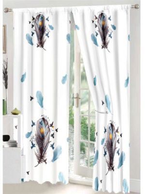 Set Lenjerie pat dublu (140x200cm, 160x200cm, 180x200cm) + 2 draperii, finet, 8 piese, Alb, Bleu, pene - 1 | YEO