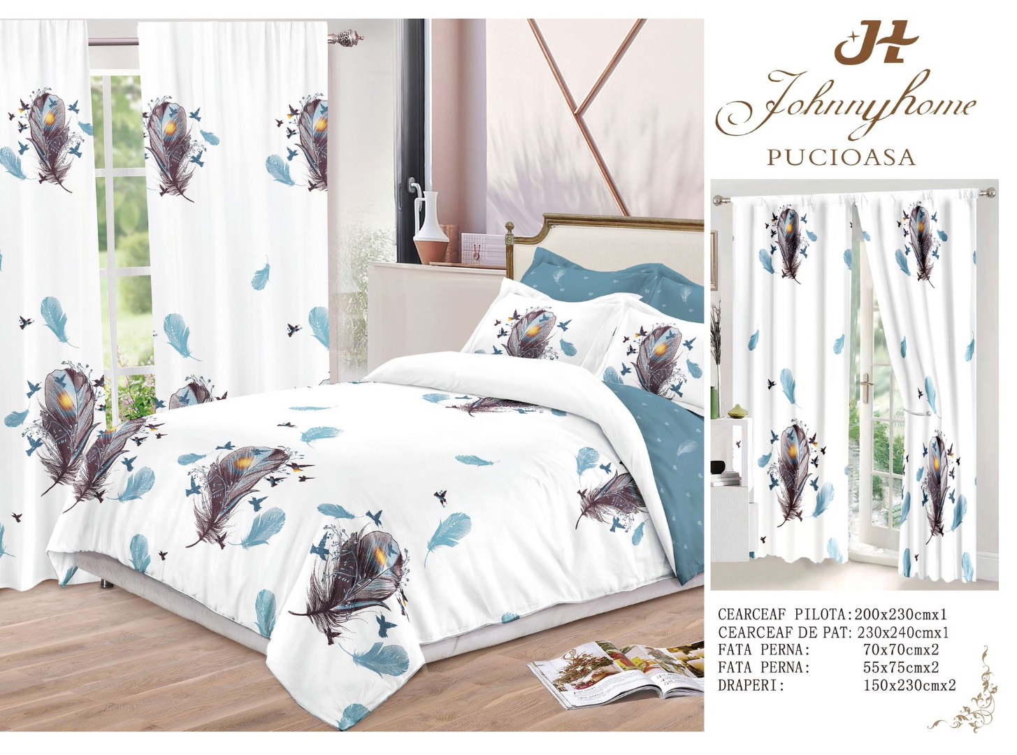 Set Lenjerie pat dublu (140x200cm, 160x200cm, 180x200cm) + 2 draperii, finet, 8 piese, Alb, Bleu, pene - 2 | YEO
