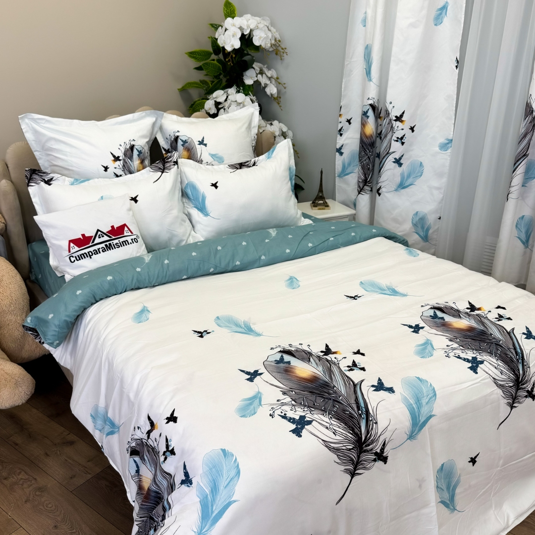 Set Lenjerie pat dublu (140x200cm, 160x200cm, 180x200cm) + 2 draperii, finet, 8 piese, Alb, Bleu, pene - 3 | YEO