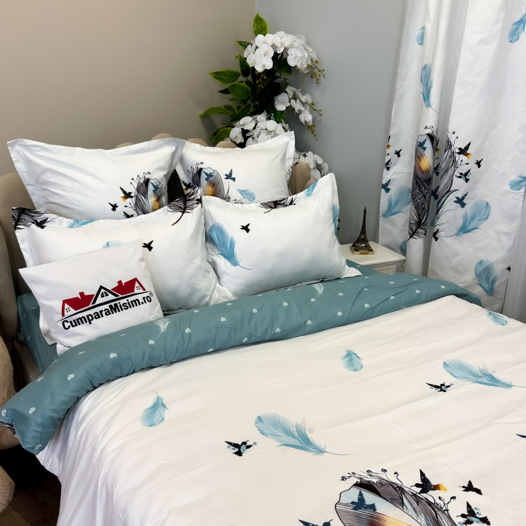 Set Lenjerie pat dublu (140x200cm, 160x200cm, 180x200cm) + 2 draperii, finet, 8 piese, Alb, Bleu, pene - 4 | YEO