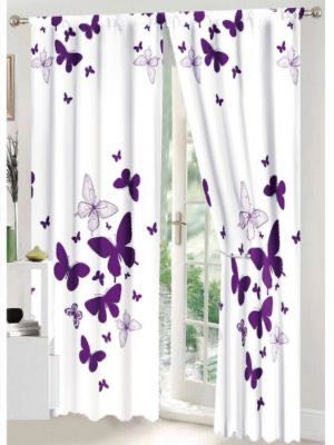 Set Lenjerie pat dublu (140x200cm, 160x200cm, 180x200cm) + 2 draperii, finet, 8 piese, Alb, Mov, fluturi - 1 | YEO