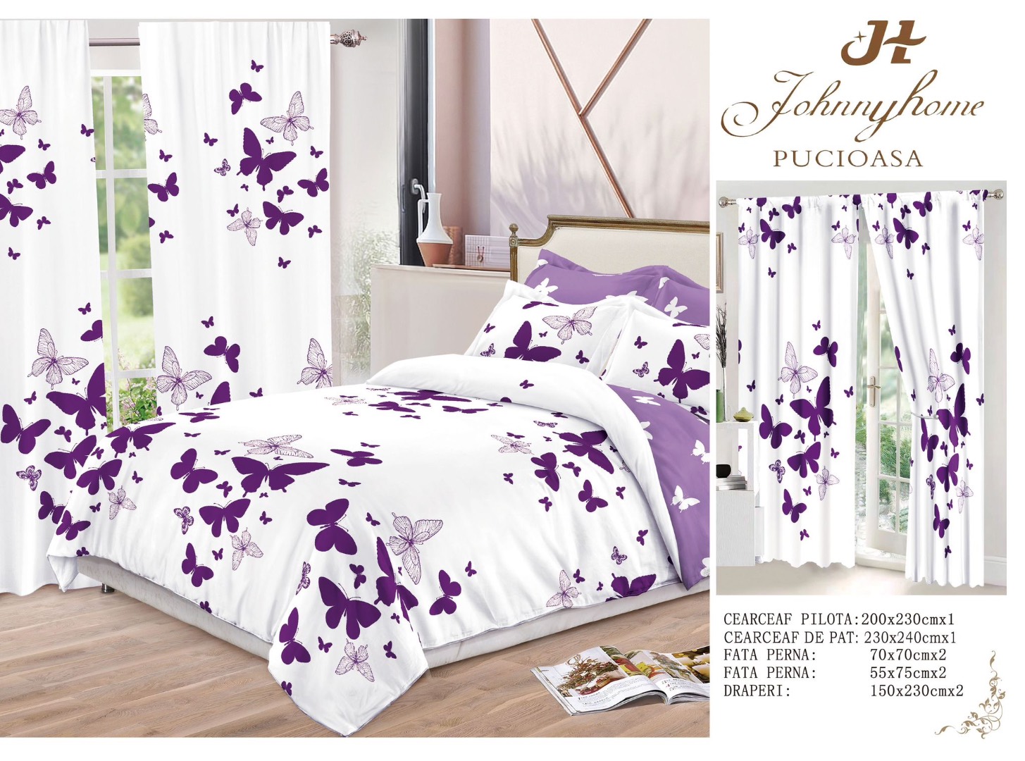 Set Lenjerie pat dublu (140x200cm, 160x200cm, 180x200cm) + 2 draperii, finet, 8 piese, Alb, Mov, fluturi - 2 | YEO