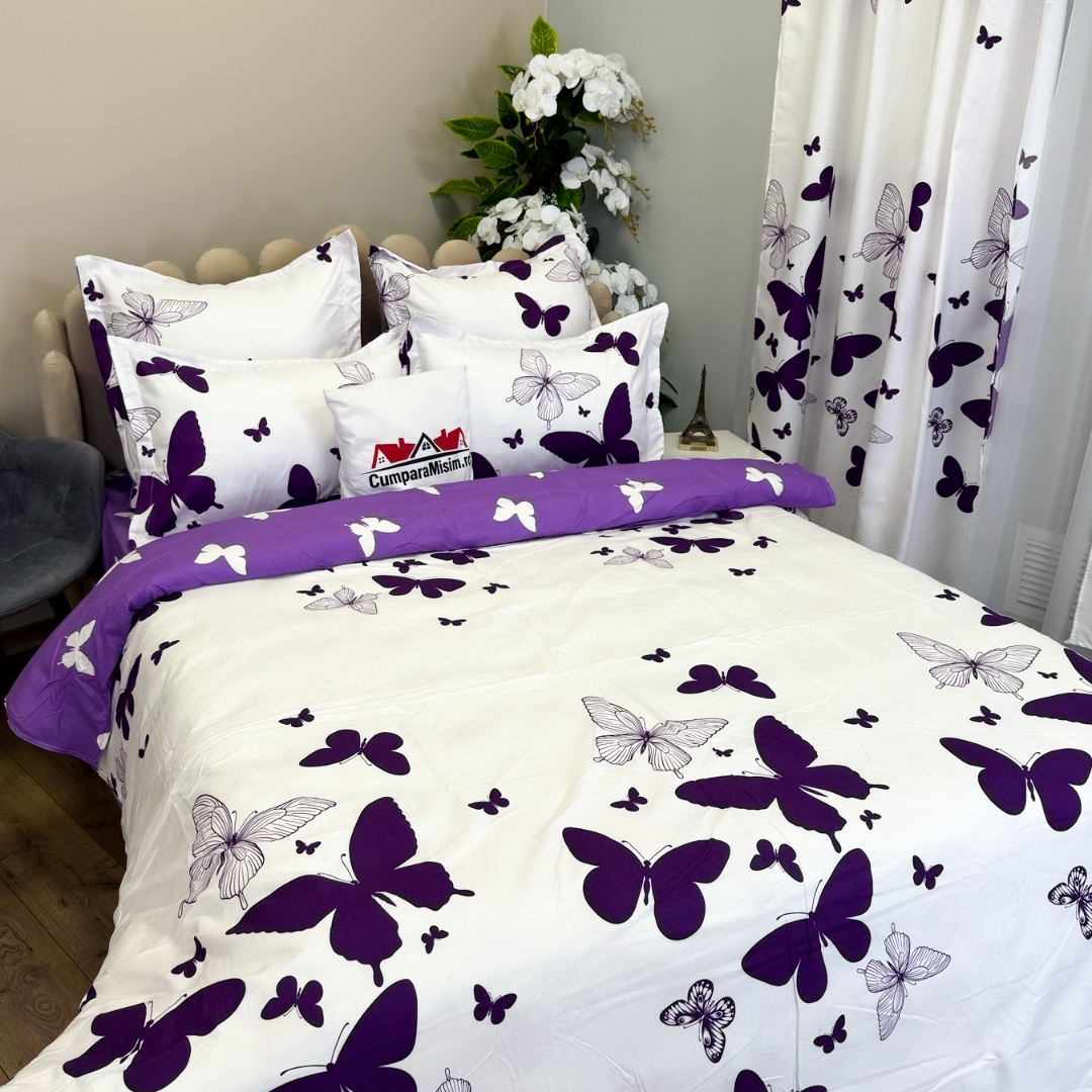 Set Lenjerie pat dublu (140x200cm, 160x200cm, 180x200cm) + 2 draperii, finet, 8 piese, Alb, Mov, fluturi - 3 | YEO