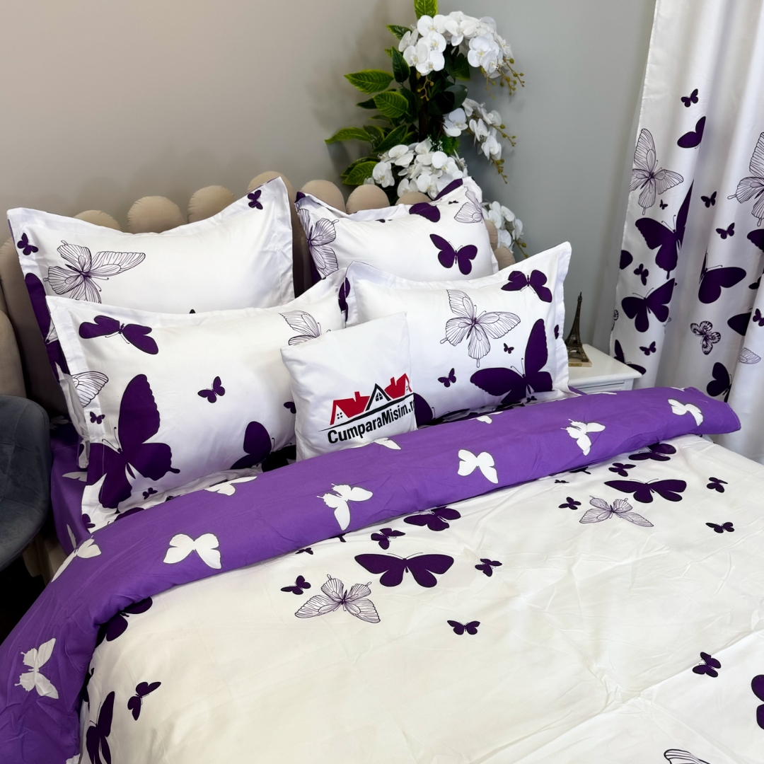 Set Lenjerie pat dublu (140x200cm, 160x200cm, 180x200cm) + 2 draperii, finet, 8 piese, Alb, Mov, fluturi - 4 | YEO