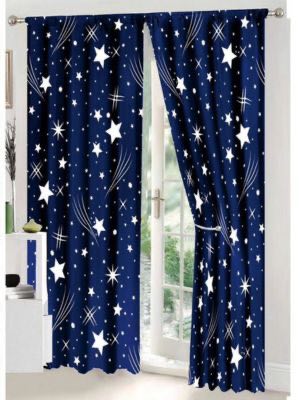 Set Lenjerie pat dublu (140x200cm, 160x200cm, 180x200cm) + 2 draperii, finet, 8 piese, Albastru, Alb, ploaie de stele - 1 | YEO