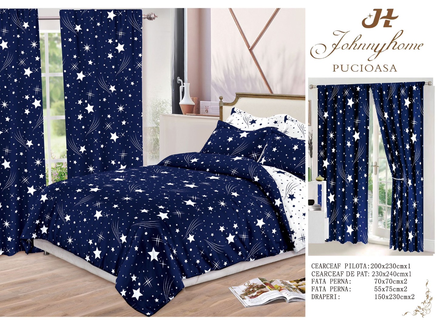 Set Lenjerie pat dublu (140x200cm, 160x200cm, 180x200cm) + 2 draperii, finet, 8 piese, Albastru, Alb, ploaie de stele - 2 | YEO