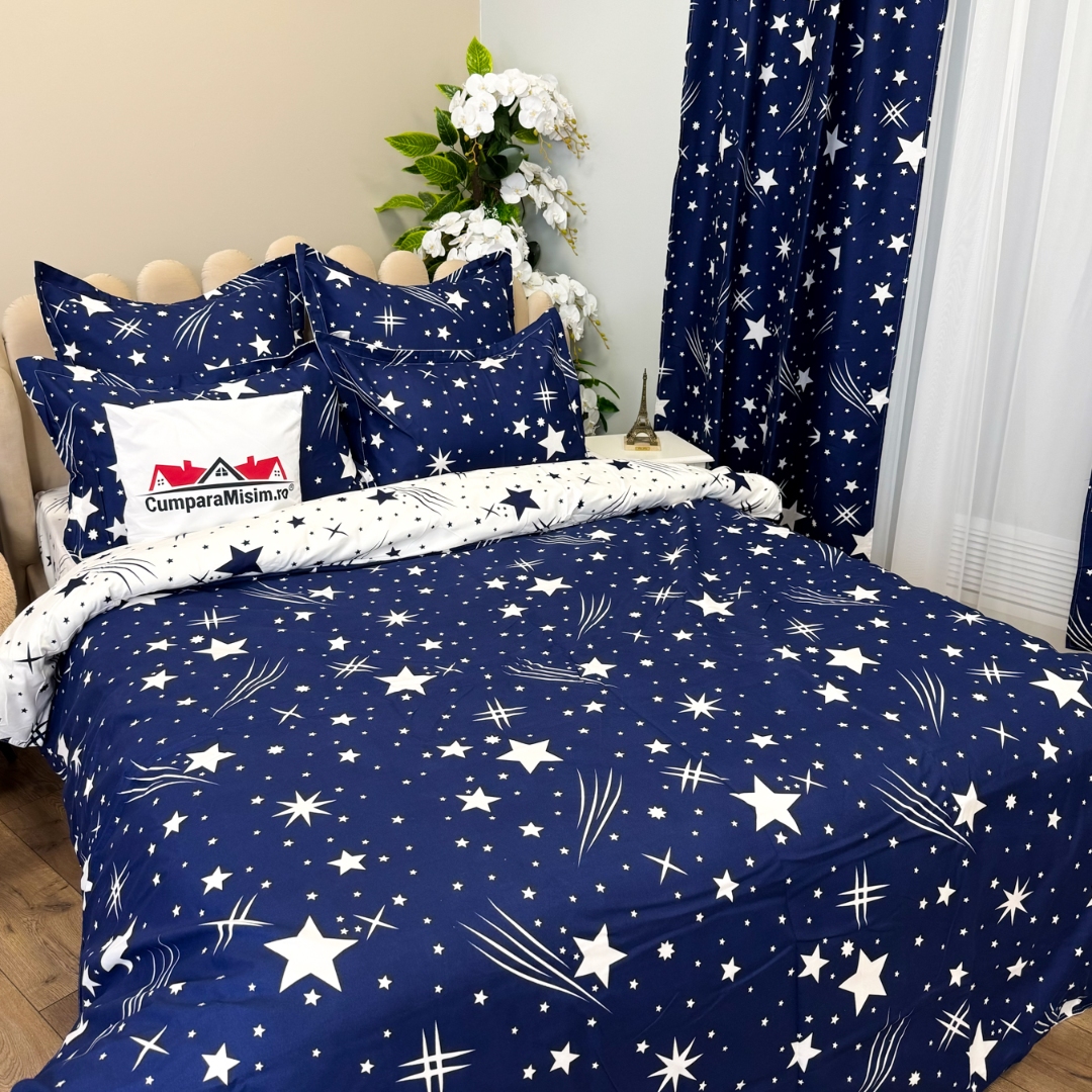 Set Lenjerie pat dublu (140x200cm, 160x200cm, 180x200cm) + 2 draperii, finet, 8 piese, Albastru, Alb, ploaie de stele - 3 | YEO