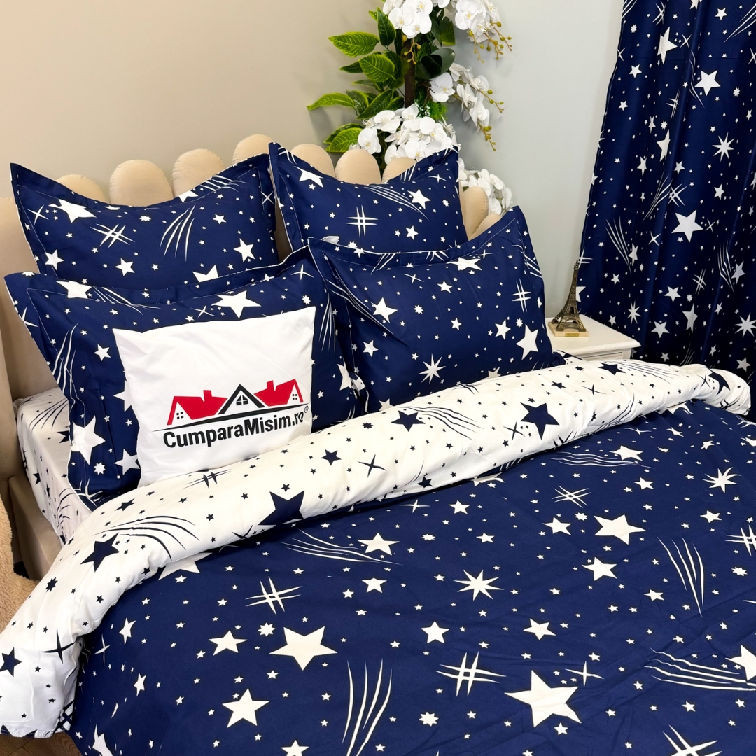 Set Lenjerie pat dublu (140x200cm, 160x200cm, 180x200cm) + 2 draperii, finet, 8 piese, Albastru, Alb, ploaie de stele - 4 | YEO