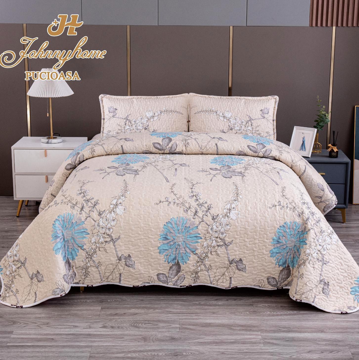 (OFERTA 3 la 199 Lei) Cuvertura pentru pat dublu cu 2 fete, matlasata,  Bej, flori - 1 | YEO